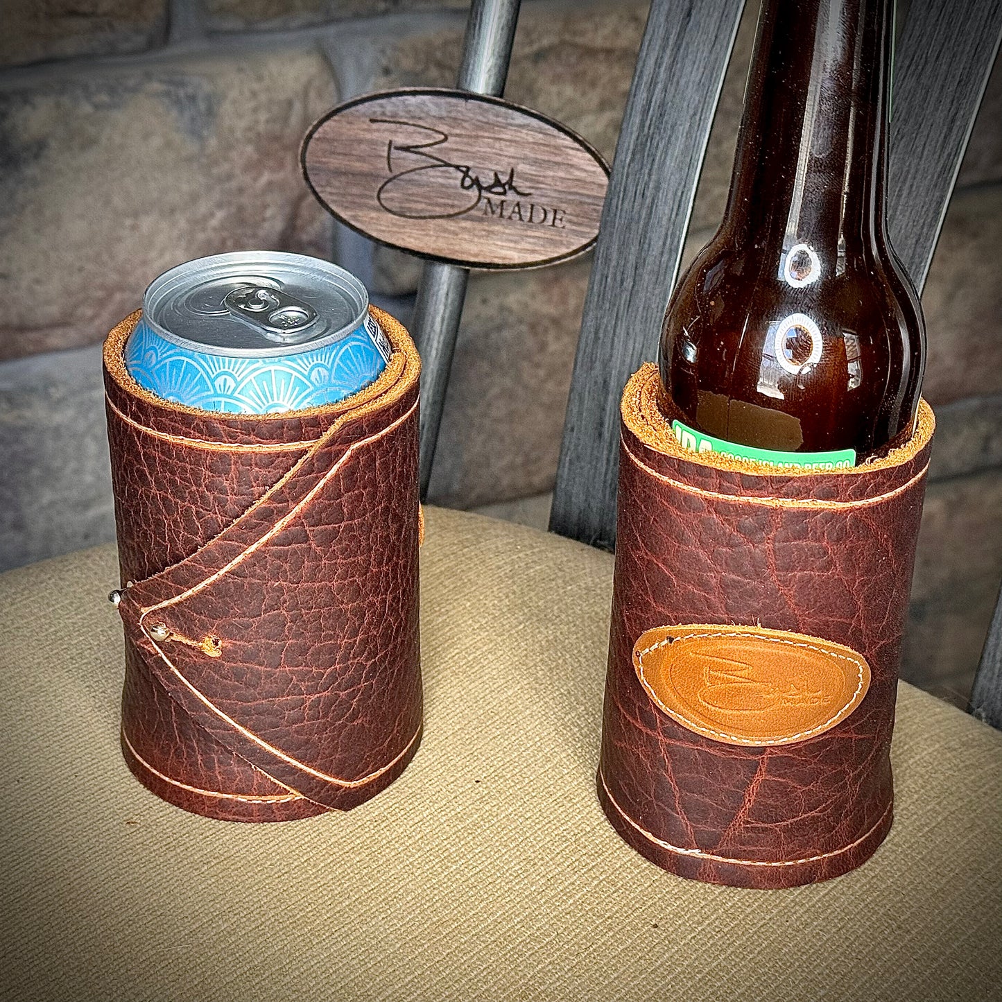 Bottle koozie, can cooler, leather cooler , bushmade, custom leather