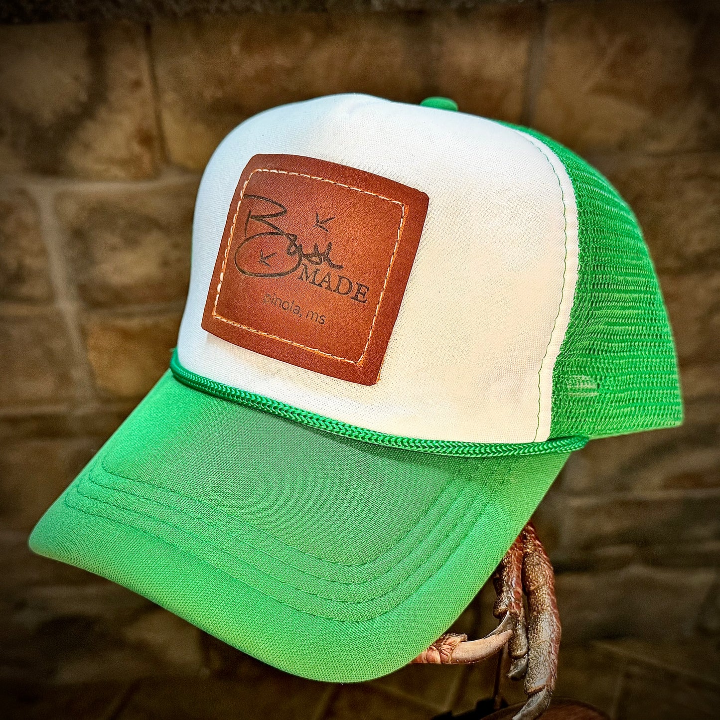 Leather patch trucker hat, trucker hat, leather patch hat, bushmade, custom hat, turkey calls