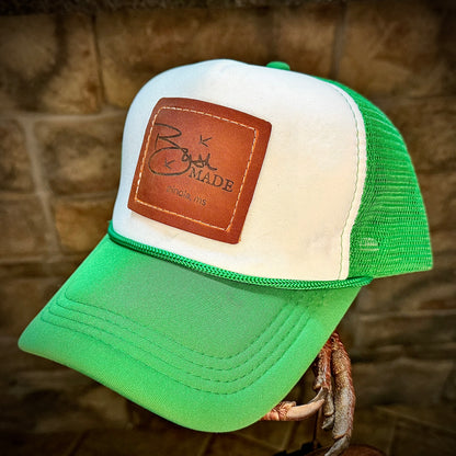 Leather patch trucker hat, trucker hat, leather patch hat, bushmade, custom hat, turkey calls